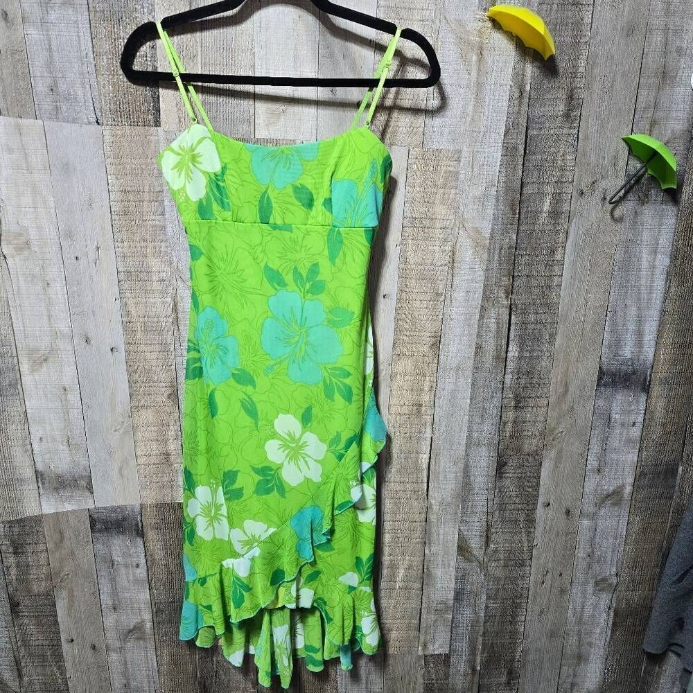 City Triangles Vintage Y2K Green Floral Mini Bodycon Dress Medium Retro Colorful